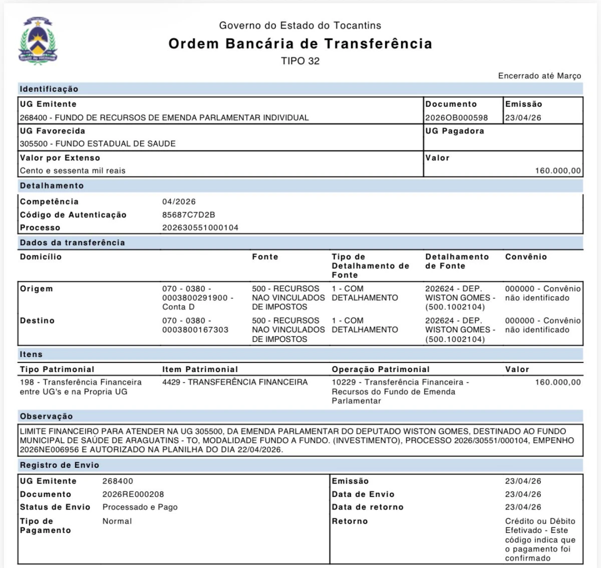 Emenda do deputado Wiston Gomes garante nova ambulância para distrito de Macaúba